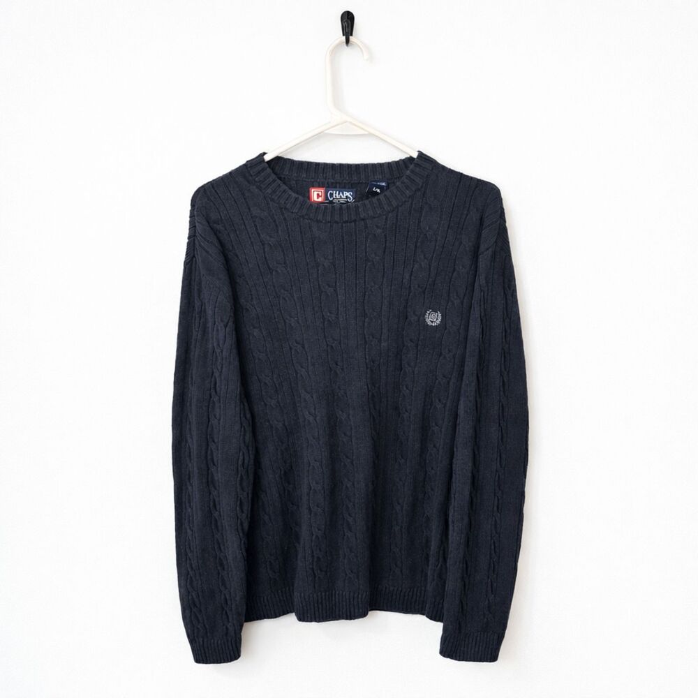 VTG Ralph Lauren Chaps Cotton Cable Knit Crewneck Sweater Navy Mens L Y2K Preppy